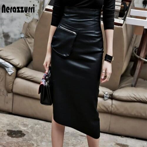 Nerazzurri Black Asymmetrical Midi Faux Leather skirt women zipper High waist pencil skirt women long skirts for women 2021