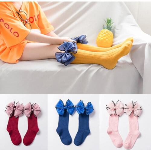 2019 Brand New Causal Kids Baby Girls Ribbed Stocking Big Chiffon Bowknot Solid Cotton Knit Autumn Winter Dance Long Stocking
