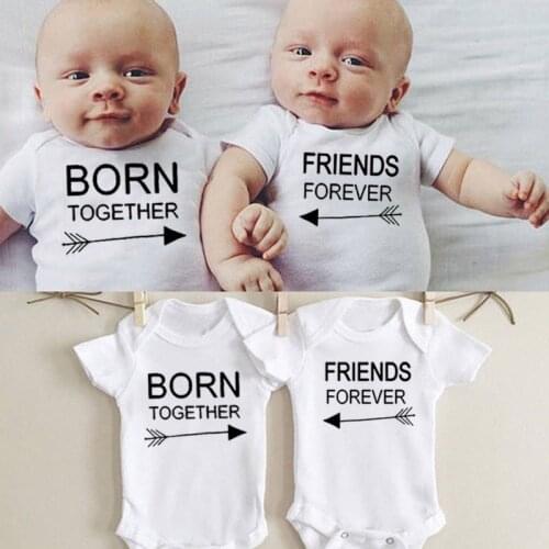 Newborn BabyRomper Born Together Friends Forever Print Infant Twins Siblings Sisters Brothers Matching Funny Jumpsuit