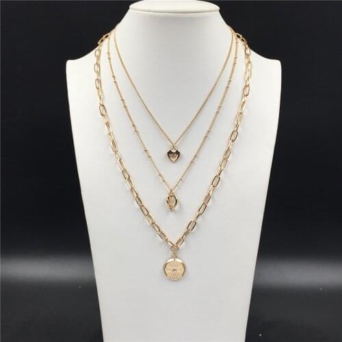 Lovely Gold Color Plating Heart Knot Round Disc Pendant Layered Necklace For Women Bohemia Vintage Party Gift Fashion Jewelry