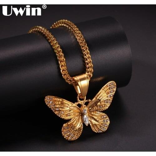 UWIN Top Quality Stainless Steel Butterfly Necklace Pendant Steel/Gold Color Hiphop Jewelry Iced Rhinestones Gifts For Men Women