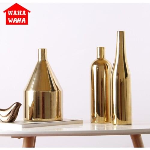 Nordic Gold Plated Handicraft Ceramic Vase Model Room Living Room Bedroom Geometric Abstract Decoration Ornament Household Vase