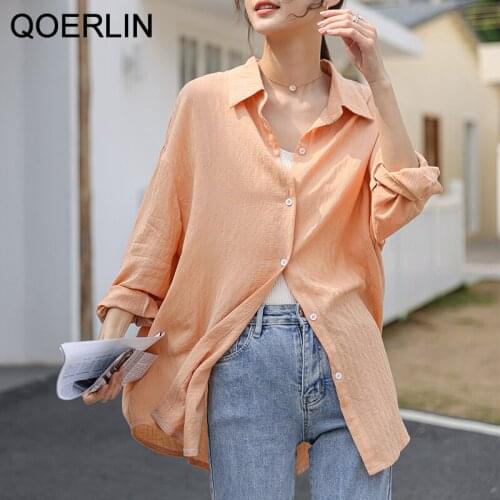 QOERLIN Stacking Loose Tops Shirts 2021 Spring New Shirt Solid Color Sunscreen Clothes Casual Long Sleeve Buttons Shirt Blouse