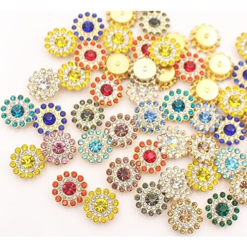 14mm Sewing Sun Flower Claw Rhinestones Flatback Round Shiny Crystals Stones Strass Gold Base Sew On Rhinestones For Clothes