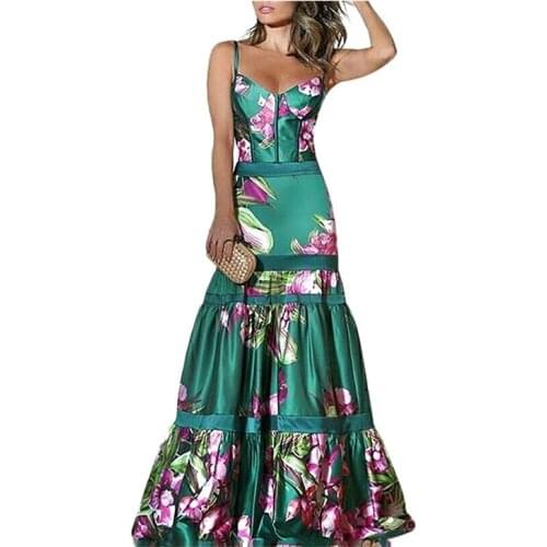 Flower Print Dresses Women Summer Ruffles V-neck Floor-Length Dress Lady Sleeveless Zipper Dresses Female Plus Size