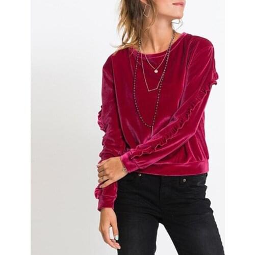 Spring Autumn Female Velvet Hoody Sweatshirt 2021 Loose Casual Long Ruffles Sleeve Pullovers O-neck Elegant Tops Womans Clothes