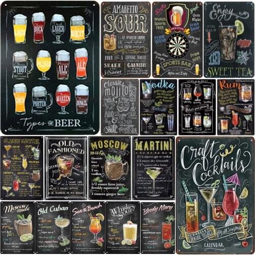 Vintage Cocktail Metal Signs Martini Retro Tin Signs Plaque Plate Metal Poster Bar Club Wall Decorative Wall Stickers Home Decor