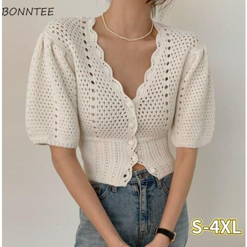 T-shirts Women Korean Style Elegant V-neck Fashion Single Breasted Crop Tops Short Puff Sleeve Sexy Hollo Out Slim All-match Ins