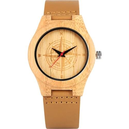 Womens Watch Delicate Brown Eco-friendly Natural Quartz Bamboo Watches Compass Design Pattern Bamboo Wristwatch