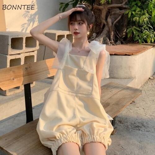 Rompers Women Summer Korean Style Sleeveless Casual Overalls Ladies Lantern Trousers Lovely Mesh Bow All-match Preppy Girl Chic