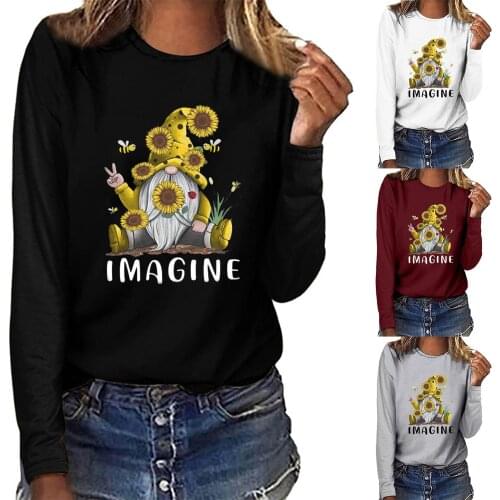 Women Long Sleeve Valentine day I MAGINE Ladies Sweatshirt Lovely Cartoon Man Splicing Printing Solid Color All-match T-shirt