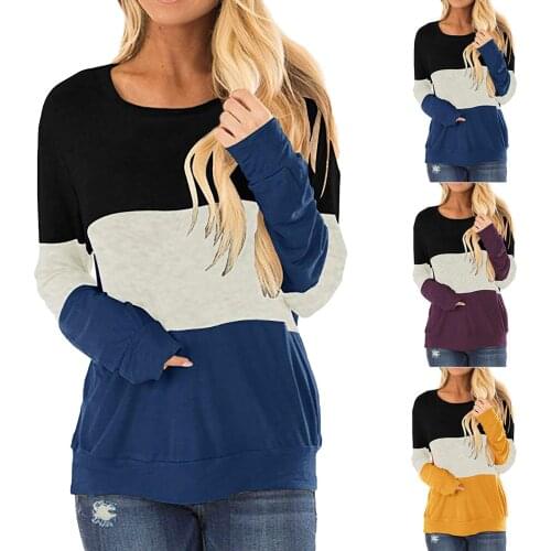 Autumn Women Loose Casual Color Block Leisure Long Sleeve O Neck Pullover Tops Tunics