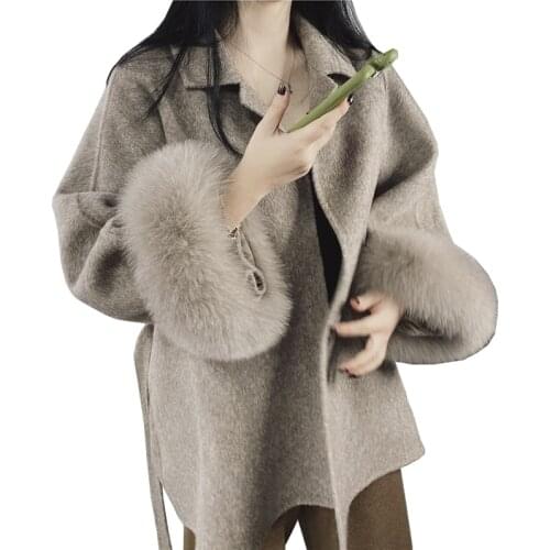 High Quality Double-faced Cashmere Coat Women Autumn Winter Loose Fox Fur Cuff Handmade Wool Jacket Belt Casual Outwear KW267