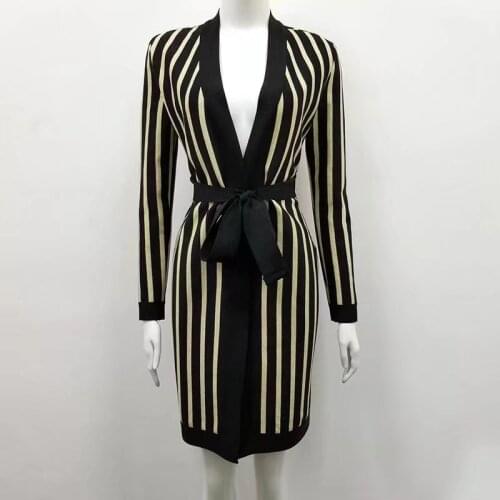 Women New Vintage Autumn Winter Slim Coat with Belt Elegant Striped Bandage Coat