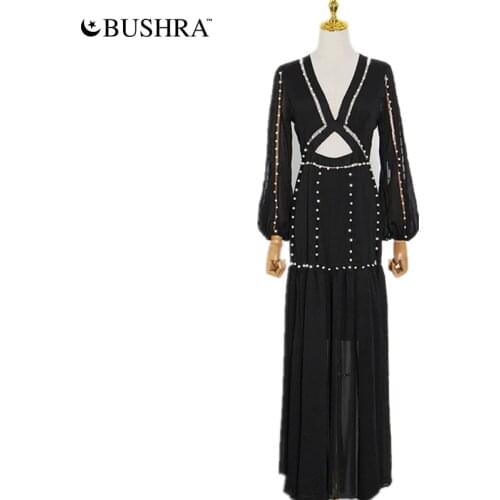 Bushra 2021 Design Summer Sexy V-neck Waistless Chiffon French Elegant Temperament Fashion Women Long Maxi Dress Hollow Out