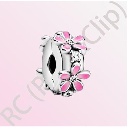 2020 New Arrival S925 Sterling Silver Beads Pink Daisy Flower Clip Charms fit Original Pandora Bracelets Women DIY Jewelry