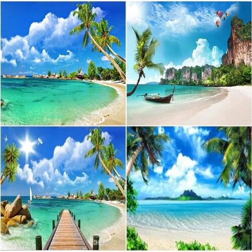 4Pcs DIY Diamond Painting Photo Custom Full Round Cross Stitch Diamond Mosaic Stitch 5D Beach Scenery Diamond Embroidery