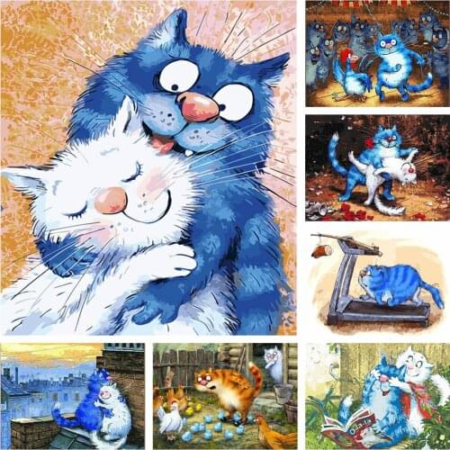 5D DIY Cartoon Blue Cat and White Cat Wall Art Home Decor Diamond Painting Mosaic Full Drill Rhinestone Cross Stitch Embroidery