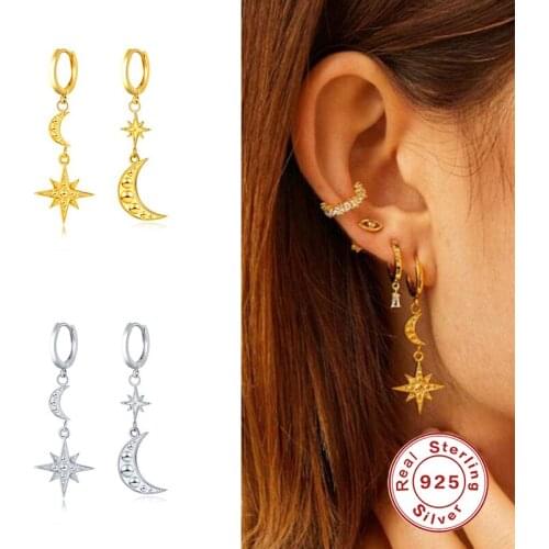GS 925 Sterling Silver Asymmetric Cubic Zirconia Jeweled Star Moon Pendant Dangle Earrings For Women Circle Drop Earring Gift