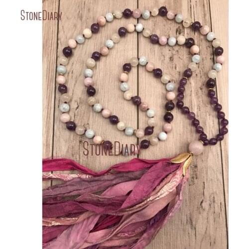 Aquamarines Amethysts Kunzite and Moonstone Mix Beads 108 Mala Tassel Necklace For Grounding and Centering NM11117