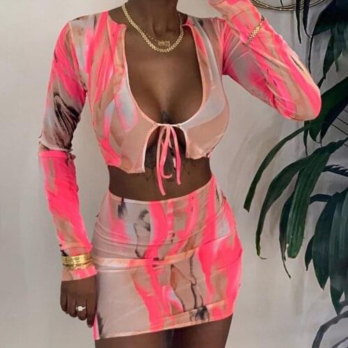 BKLD Womens Two Piece Sets 2020 Autumn New Long Sleeve Lace Up Crop Tops And Mini Skirts Bodycon Women Sexy Outfits Mesh Sheer