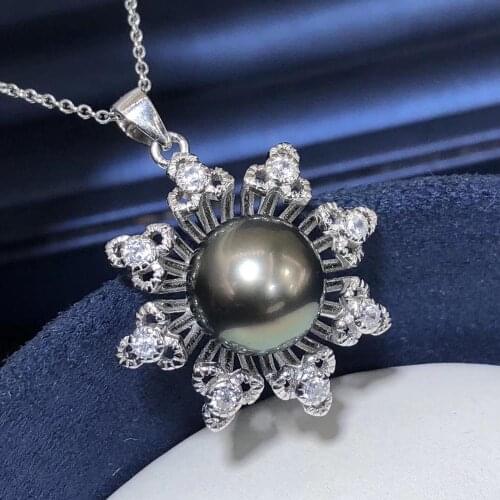 D512 Pearl Pendant Fine Jewelry 925 Sterling Silver Round 10-11mm Nature Sea Water Tahiti Black Pearls Pendants Neckalces