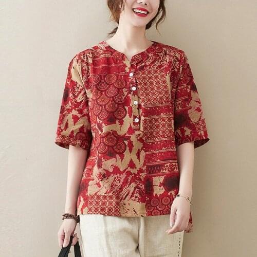 Women Cotton Linen Casual T-shirts New Arrival 2021 Summer Vintage Style O-neck Print Loose Female Short Sleeve Tops Tees S4054