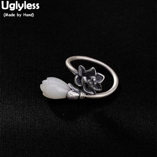 Uglyless Real 925 Sterling Silver Natural Jade Magnolia Finger Rings for Women Thai Silver Fine Jewelry Flower Ethnic Open Ring