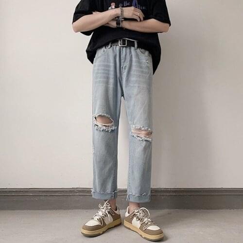 Summer All-match Nine-point Ripped Jeans Men Straight Loose Loose Washed Casual Frayed Trousers Trend Casual Denim Pants Thin
