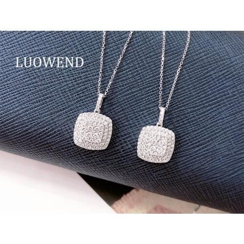 LUOWEND 100% Real 18K White Gold Necklace Classic Halo Square Design Diamond Pendant Necklace for Women Wedding Proposal