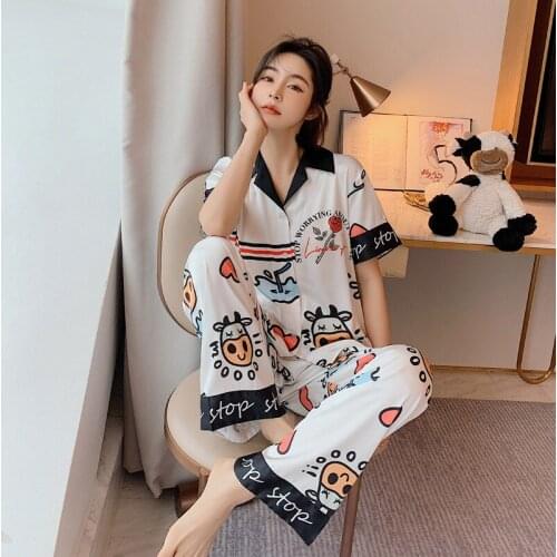 Fashion Women Pajamas Ice silk trousers Pajamas High Quality Short Sleeve Pajamas New Home Wear silk Two-piece Cartoons Pajamas