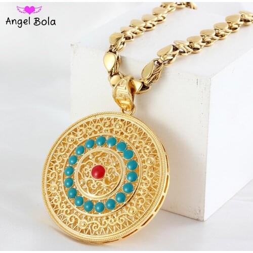 Muslim Islamic Round Gold Pendant Necklace Arab Luxury Jewelry Wedding Holiday Gift Ladies Exquisite Necklace Wholesale