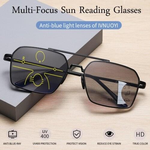 Newest Progressive Multi-Focus Sun Reading Glasses Men Fashion Anti-blue light Multifunction Eyeglasses Outdoor Metal Frame +2.5