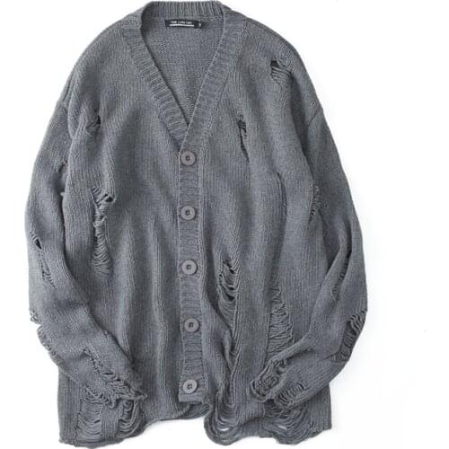 Autumn Winter Men Ripped Hole Patchwork Oversized Knitted Sweater Irregular Design Hip Hop Punk Knitwear Men Vintage Pullover