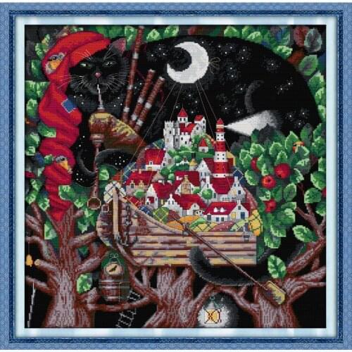Black Cat Playing Flute Cross Stitch Kits 11CT 14CT Counted and Stamped Canvas Cotton Embroidery Needle Set Home Decoration Gift