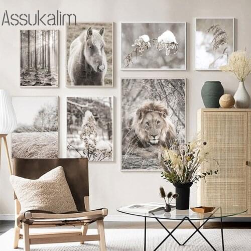 Hay Wall Art Print Winter Forest Landscape Poster Lion Horse Canvas Painting Nordic Posters And Prints Living Room Decoration