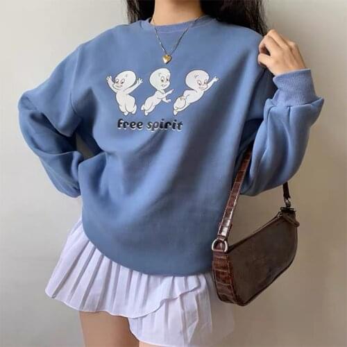 Calelinka Free Spirit Cartoon Print Female Cute Pullover Autumn Thick Warm Long Sleeve Tops Plus Size Loose Haze Blue Sweaters
