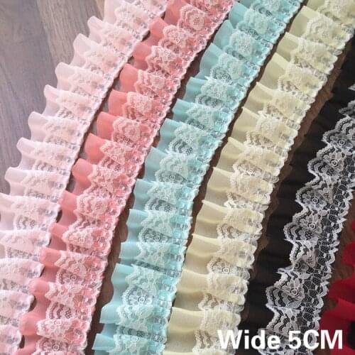 5CM Wide Luxury 3D Pleated Chiffon Lace Fold Embroidery Lace Applique Ruffle Trim Dress DIY Splice Sewing Guipure Decor 9Colors
