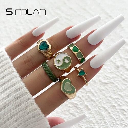 Sindlan 6Pcs Aesthetic Crystal Gold Rings for Women Kpop Cute Green Heart Resin Anillos Female Y2k 2021 Fashion Jewelry Bijoux