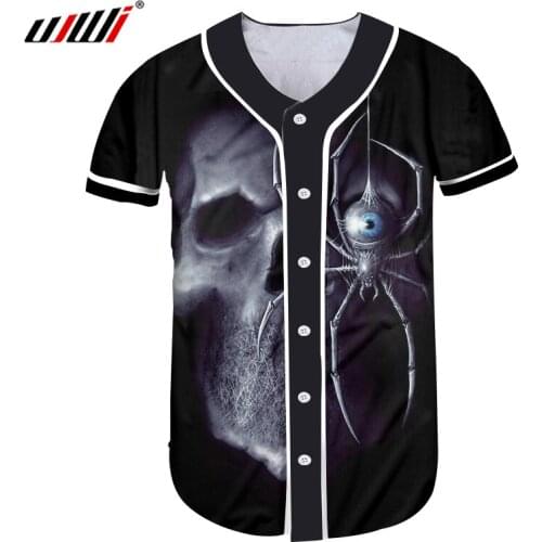 UJWI Men D Print Skull Spider Baseball Jersey T-shirts Man Fitness Short Sleeve Baseball Uniform Shirts Dropship Button Tshirts