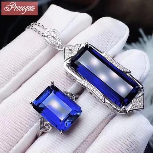 High Quality Optimized Sapphire Jewelry sets Rings for Unisex Necklace Ring Big gems 10x24mm for Party 925 Sterling Silver #171