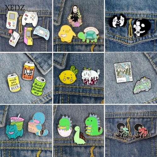 XEDZ Cartoon cute animal horse cat turtle yellow duck dinosaur game machine octopus enamel pet suit brooch denim clothes pendant