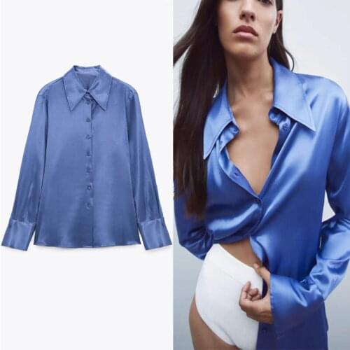 Za 2021 Blue Satin Summer Shirt Women Long Sleeve Button Up Vintage Fit Top Female Fashion Elegant Slim Casual Shirts Blusas