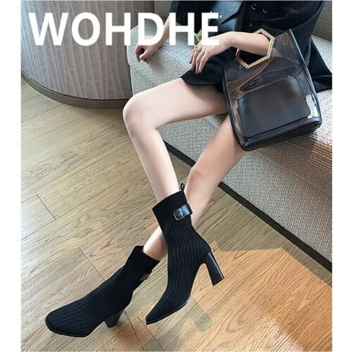 WOHDHE Women Ankle Boots Black Solid Boots Slip-on Women Hollow Square Toe High Chunky Heel Punk Cool Concise Style New 2021