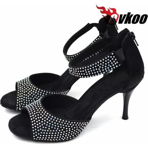 Evkoodance Latina Zapatos Salsa dance shoes Best seller 8.5cm high heel black Latin Rhinestones dance shoes for woman Evkoo-375