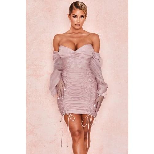 BEAUKEY 2021Winter Long Sleeve Sexy Bodycon Dress Pink Off Shoulder Mini Womens Dress Mesh Club Evening Party Vestido