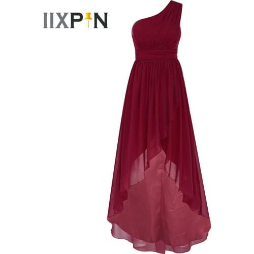 Women‘s One Shoulder Irregular High Low Pleated Chiffon Dress Wedding Party Long Dresses Ladies Formal Banquet Evening Gown