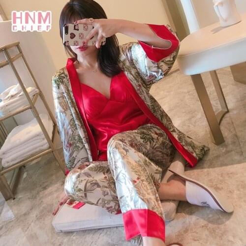 HNMCHIEF 3 Pieces Soft Women Pajamas Sets Floral Printed Sleepwear With Pants Female Leisure Worsted Nightwear Suit Silk Robe