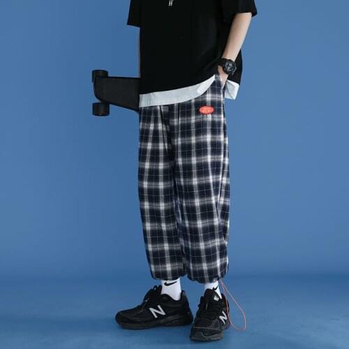 Summer 2021 Plaid Pants Men Casual Harem Pant Men Loose Wide Leg Pants Man