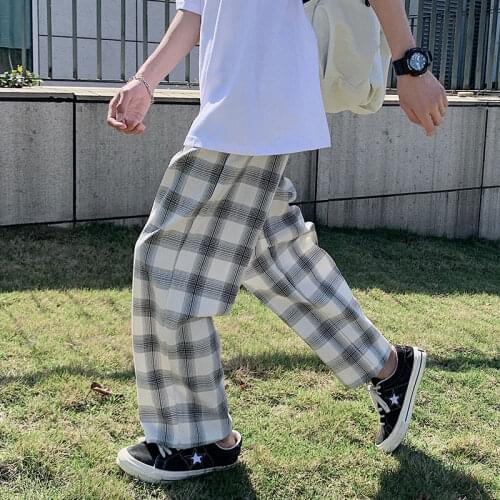 Summer Thin Plaid Pants Mens Fashion Retro Casual Pants Men Streetwear Loose Hip-hop Straight Wide-leg Pants Mens Trousers